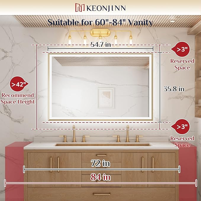 Keonjinn 55” x 36” LED Bathroom Mirror with Frontlit & Backlit, Gold Metal Framed Lighted Mirror with Stepless Dimmable 3-Color Temperatures, Anti Fog, UL-Listed Driver, No Dark Corner