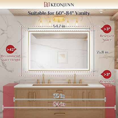 Keonjinn 55” x 36” LED Bathroom Mirror with Frontlit & Backlit, Gold Metal Framed Lighted Mirror with Stepless Dimmable 3-Color Temperatures, Anti Fog, UL-Listed Driver, No Dark Corner