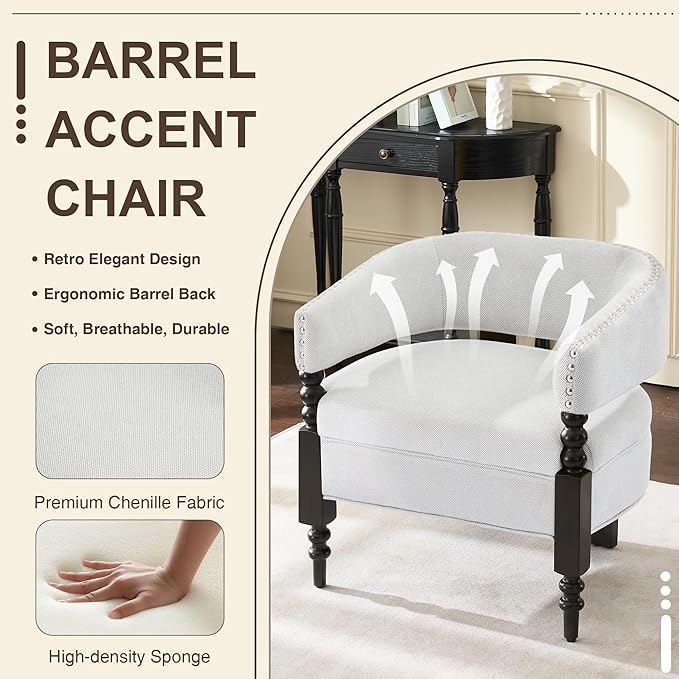 LOULENS Barrel Accent Chair for Living Room | Vintage Linen Upholstered Lounge Chair with with Solid Wood Legs, Armchair for Bedroom, Reception Room & Reading Nook, Light Grey