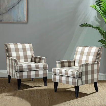HULALA HOME Modern Accent Chairs Set of 2, Farmhouse High Back Buffalo Plaid Chairs with Wooden Legs & Nail Head Trim, Comfy Upholstered Armchairs for Living Room/Bedroom (Buffalo Beige)