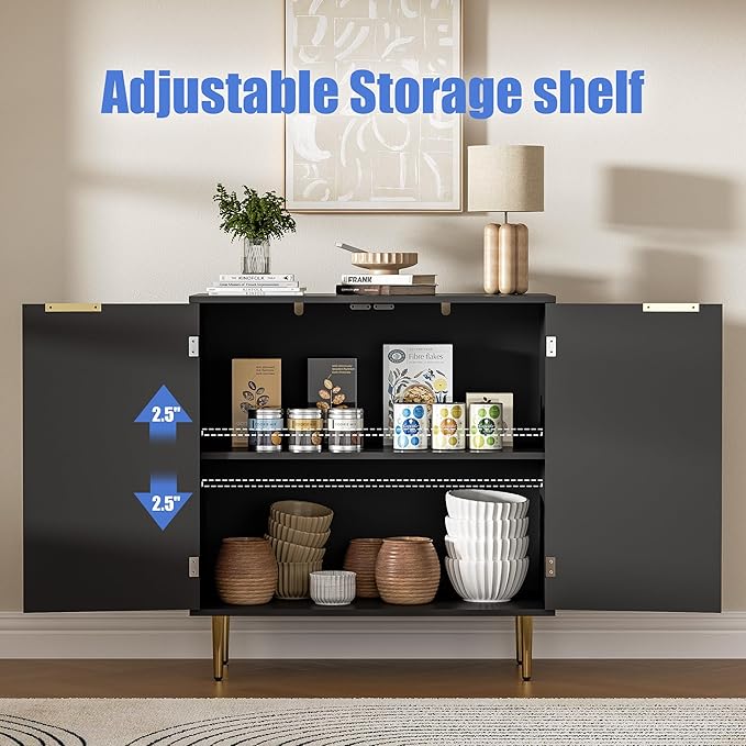 Buffet Sideboard Cabinet [Set of 2] with 4 Doors, Modern Cabinet with with Adjustable Shelf, Golden Handles & Legs, Coffee Bar Sideboard for Kitchen, Living Room, Black