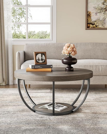 LITTLE TREE Round Coffee Table, 32" Circle Coffee Table for Living Room, 2-Tier Wood Accent Center Table with Open Storage Industrial Design Home Furniture (Grey and Black)