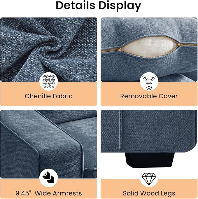 RISAR 71.25" Modern Loveseat Sofa for Living Room, Chenille Couch with Removable Cover & Spring Cushions, Solid Wood Frame, Easy Assembly for Small Spaces (Blue)