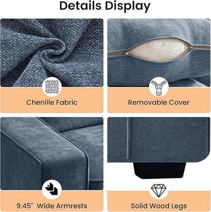 RISAR 71.25" Modern Loveseat Sofa for Living Room, Chenille Couch with Removable Cover & Spring Cushions, Solid Wood Frame, Easy Assembly for Small Spaces (Blue)