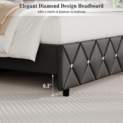 BarnFurin Full Bed Frame with Diamond Tufted Headboard, Faux Leather Upholstered Bed with Wooden Slats Support, No Box Spring Needed, Mattress Foundation, Easy Assembly, Gray
