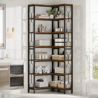 Tribesigns Corner Shelf, 7-Tier Industrial Corner Bookshelf, Wood and Metal Etagere Bookcase, Freestanding Display Shelf for Living Room, Kitchen, Home Office, Rustic Brown