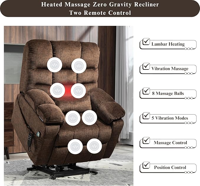 3-Motor Lift Chair with Adjustable Seat Height Zero Gravity Lay Flat Recliner with Heat Massage, Big Man Lift Recliners 400 lbs for Elderly Storage Cup Holders, Tall Man Recliner