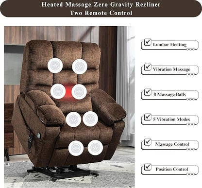 3-Motor Lift Chair with Adjustable Seat Height Zero Gravity Lay Flat Recliner with Heat Massage, Big Man Lift Recliners 400 lbs for Elderly Storage Cup Holders, Tall Man Recliner