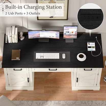 Vabches Computer Desk with File Drawer,Rustic Executive Desk with Drawers Wood Office Desk with Ample Storage Drawers,Farmhouse Large Home Wrting Desk with Drawers for Bedroom,White