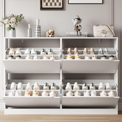 Shoe Storage Cabinet for Entryway with 4 Flip Drawers, Sturdy Wood Hidden Shoe Storage, Freestanding Narrow Slim Shoe Organizer for Front Door Entrance, Living Room, Hallway, Bedroom, White