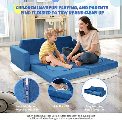 15 Pcs Modular Kids Play Couch, Toddler Couches That Fold Out, Plush Foam Chair for Children’s Playroom, Velvet Fabric Convertible Foam and Floor Cushion for Boys and Girls (Blue,27)