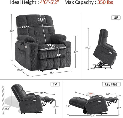 MCombo Dual Motor Power Lift Recliner Chair for Elderly, Lay Flat Lift Chair with Heat and Massage, Petite Lift Chair, Cup Holders, USB A&C Ports, Fabric 7893 (Small, Dark Gray)