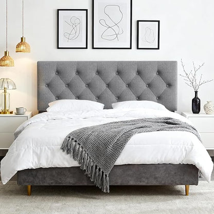 Tufted Upholstered Headboard Queen Size, Solid Wood Head Board with Durable Metal Legs, Linen Fabric Padded Headboard, Adjustable Height from 37” to 51”, Modern Button Design Head Board, Grey