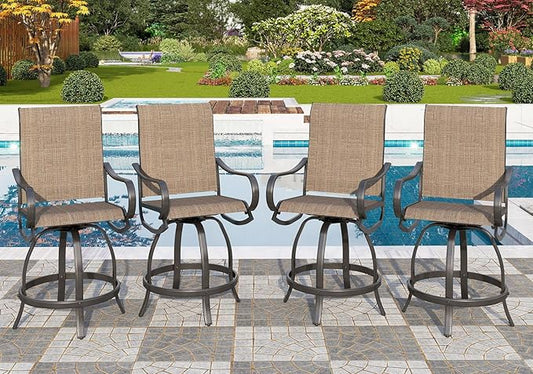 PHI Villa Outdoor Swivel Bar Stools Set of 4, Counter Height Patio Chairs with Waterproof Textile Fabric Brown, Rustproof Metal Frame & Circular Footrest for Poolside, Garden, Yard