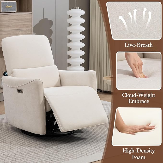 Power Swivel Recliner Chair, Upholstered Fabric Glider Electric Rocking Chair for Adults. Nursery Rocker Single Sofa with Lumbar Support for Living Room. Dual-port Charging: Type-C&USB, Beige