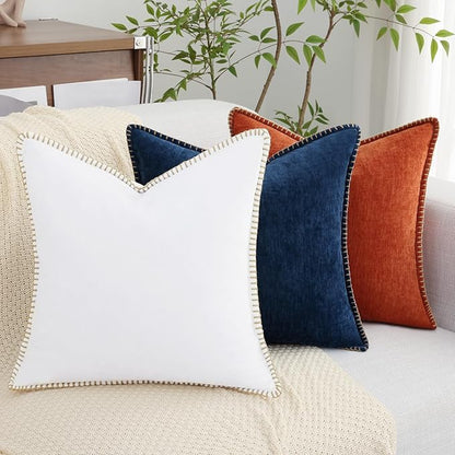 decorUhome Chenille Soft Throw Pillow Covers 22x22 Set of 2, Farmhouse Velvet Neutral Decorative Euro Pillow Covers with Stitched Edge for Couch Sofa Bed Home Decor, White