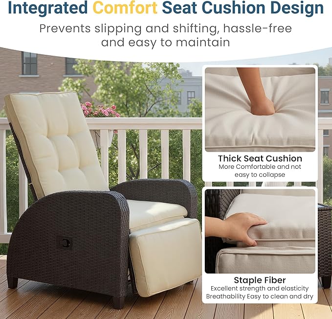 3-Peices Outdoor Patio Recliner with Independently Adjustable Backrest , All-Weather Wicker Patio Chair with Side Table, 160° Lay Flat Patio Reclining Lounge Chair for Backyard Garden, Beige