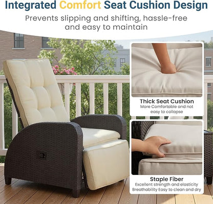 3-Peices Outdoor Patio Recliner with Independently Adjustable Backrest , All-Weather Wicker Patio Chair with Side Table, 160° Lay Flat Patio Reclining Lounge Chair for Backyard Garden, Beige