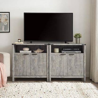 Buffet Cabinet with Storage - Modern Farmhouse Rustic 32 Fluted Sideboard Storage Cabinet Buffet with Adjustable Shelves, Coffee Wine Bar Organizer for Dining Room (Grey)