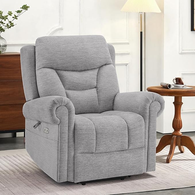 MCombo Triple Motor Power Lift Recliner Chair with Massage and Lumbar and seat Heating, Rolled Arms, Adjustable Headrest for Elderly People, Fabric 7888 (Grey, Medium)