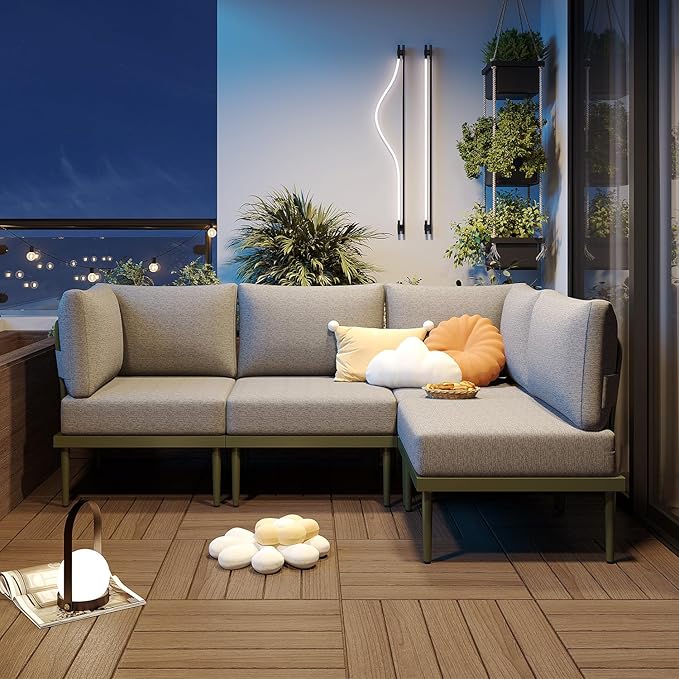Sundale Outdoor 4 Pieces Patio Furniture Set, L-Shaped Outdoor Sectional Sofa with 6 Inch Olefin Cushion, All-Weather Modern Metal Outdoor Conversation Sets