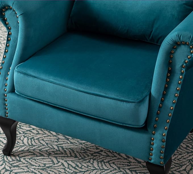 Mid Century Modern Accent Chair Upholstered Armchair Comfy Velvet Fabric Single Sofa with Tufted Wingback for Small Spaces Bedroom Living Room, Teal