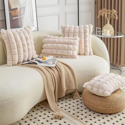 Neelvin Beige Faux Fur Cozy Soft Plaid Decorative Throw Pillow Covers 16x16 inch Set of 2,Velvet Pillowcase Cushion Case for Sofa Couch