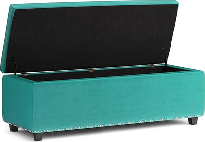 SIMPLIHOME Hamilton 48 inch Wide Traditional Rectangle Storage Ottoman in Aqua Blue Velvet Fabric, Assembled for the Living Room, Entryway and Family Room