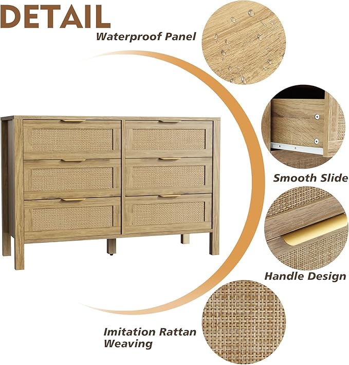 6 Drawer Dressers for Bedroom, Rattan Dresser with Drawers, Modern Wood Dresser with Metal Handles, Chest of Drawers for Bedroom, Living Room, Entryway (6 Drawer)