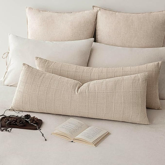 Foindtower Set of 2 Decorative Linen Check Throw Pillow Covers Neutral Farmhouse Lumbar Cushion Covers Modern Boho Home Decor for Sofa Chair Couch Bedroom Living Room,12×24 Inch,Natural Linen