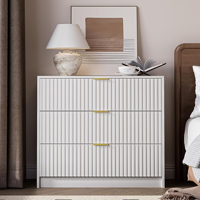 3-Piece Dresser Bedroom Set, 8 Drawer Dresser & 3 Drawer Nightstands with Gold Handles, Fluted Wood Chest of Drawers for Bedroom, Living Room, Entryway, White