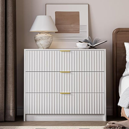 3-Piece Dresser Bedroom Set, 8 Drawer Dresser & 3 Drawer Nightstands with Gold Handles, Fluted Wood Chest of Drawers for Bedroom, Living Room, Entryway, White