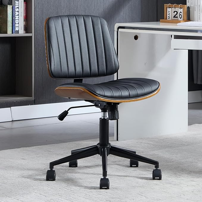 Small Home Office Chair - Armless Mid Back Desk Chair with 360° Swivel and Wheels, PU Upholstered Height Adjustable Modern Walnut Computer Chair for Home, Office Meeting Room - White
