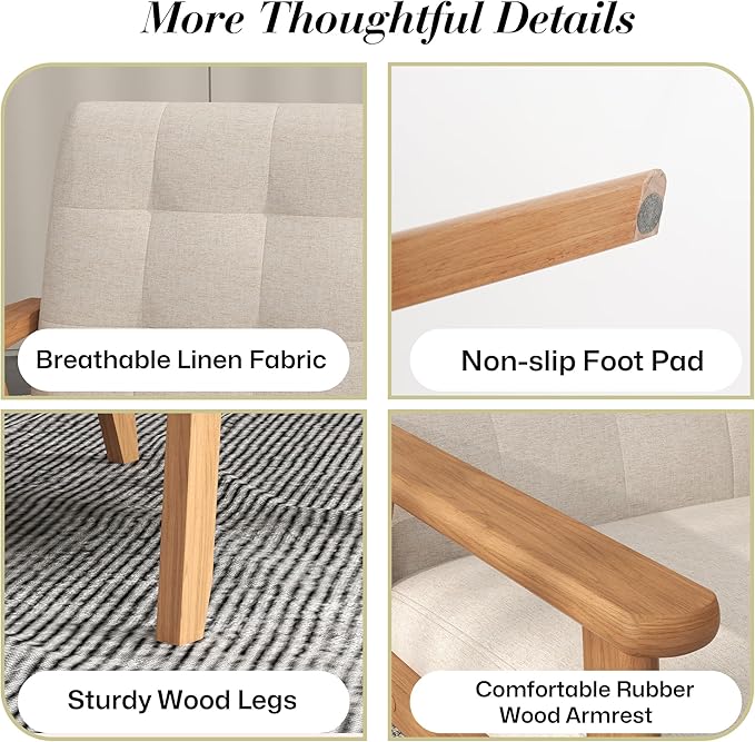 KCC Mid-Century Modern Linen Fabric Accent Chair, Upholstered Leisure Chair Comfy Reading Side Chair with Armrest and Solid Wood Frame for Living Room Bedroom Balcony(Beige)