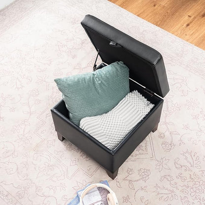 Asense 17 Inch Storage Ottoman Foot Rest,Square Faux Leather Foot Stool,Small Ottoman with Storage,Padded Seat for Entryway,Living Room,Bedroom,Couch,Under Desk,Black