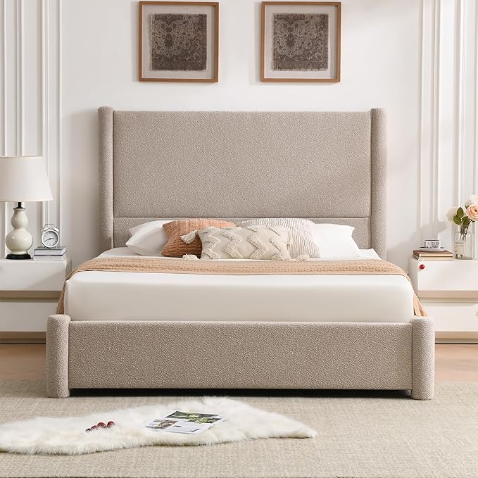 VELOCAVA Queen Size Upholstered Bed Frame with 51.77" Tall Headboard and Soft Rounded Corners, Side Storage Drawers, 12-Slat Support, No Box Spring Needed, Linen-Blend Fabric, Beige