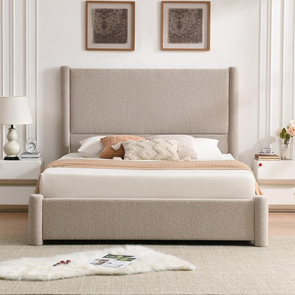 VELOCAVA King Size Upholstered Bed Frame with 51.77" Tall Headboard and Soft Rounded Corners, 2 Storage Drawers, 12-Slat Support, No Box Spring Needed, Linen-Blend Fabric, Beige