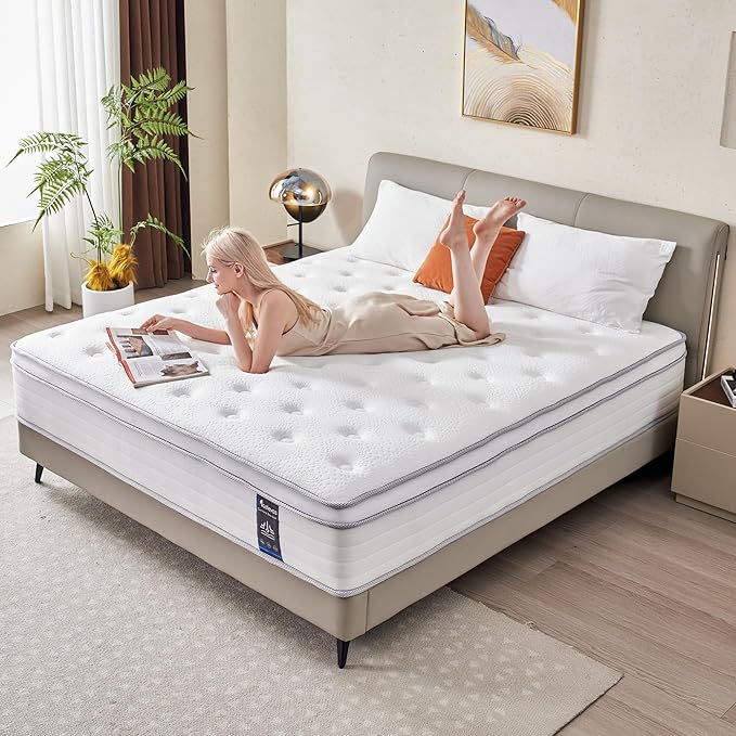 Queen Mattress, 14 Inch Hybrid Mattress in a Box, Memory Foam and Individual Pocket Springs, Fiberglass Free, Soft and Breathable, Medium Firm Feel