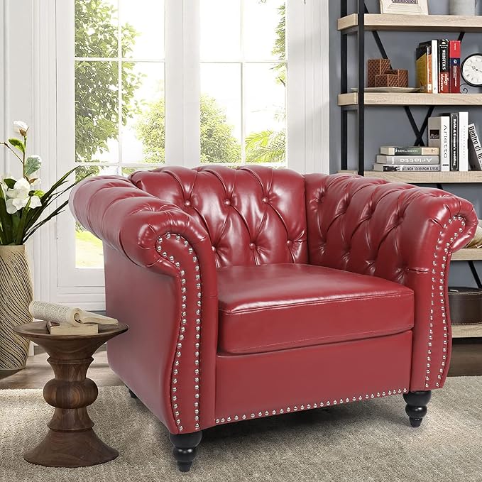 LEVNARY Leather Upholstered Armchair, Mid-Century Modern Single Sofa Chair with Rolled Arms and Nailhead, Tufted Pu Leather Chesterfield Chair for Home Bedroom Reading Room (Wine Red)
