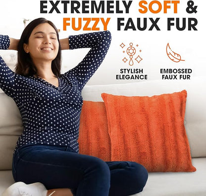 Cheer Collection Fall Decorative Throw Pillows for Couch – Set of 2 Faux Fur Fall Pillows for Couch, Cozy Fall Couch Pillows for Living Room or Bed, Soft, Rust Accent Pillows, 26" x 26"