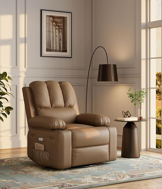 27" Oversized Power Recliner Chair, Faux Leather Rocking Chair with Heat & Massage, 360° Swivel Modern Electric Recliner with Cup Holder ＆ USB Charging for Living Room, Bedroom, Nursery - Khaki