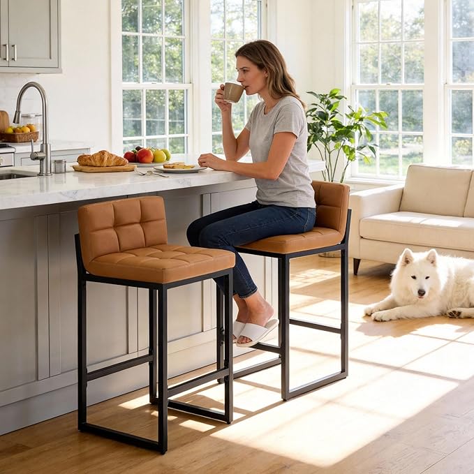 Counter Height Bar Stools Set of 2, Modern Faux Leather Counter Stools with Low Back and Footrest, Upholstered Bar Chairs for Kitchen Island, Bar, Counter (Caramel Brown, 2Pcs 26" Bar Stools)