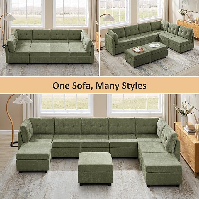 VANOMi 6 Seat Cloud Couches for Living Room with 2 Ottomans, 118" Convertible Modular Sectional Sofa Bed, Comfy Chenille Sofas & Couches for Living Room, Apartment, Office, Olive Green, Large Sofa Bed