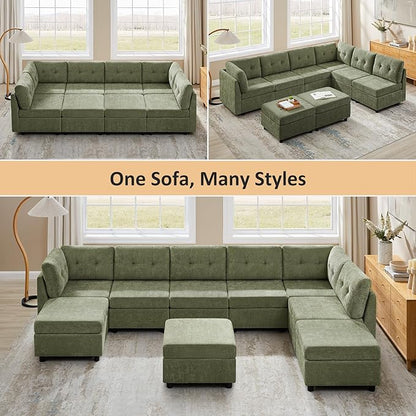VANOMi 6 Seat Cloud Couches for Living Room with 2 Ottomans, 118" Convertible Modular Sectional Sofa Bed, Comfy Chenille Sofas & Couches for Living Room, Apartment, Office, Olive Green, Large Sofa Bed