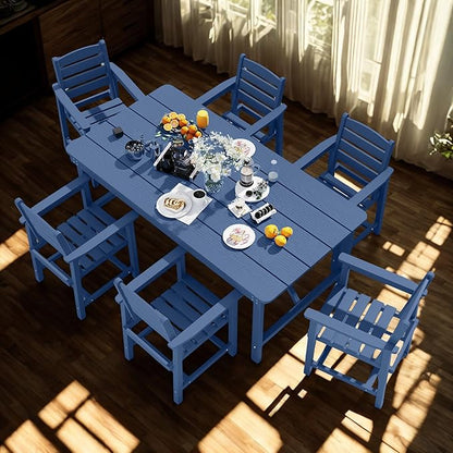 7 Piece Patio Dining Set with 11ft Patio Umbrella (Gray), 7 Navy Outdoor HDPE Dining Set with 6 Chairs + 1 Large Table with 2" Umbrella Hole, for Market, Pool, Garden, Backyard, Deck