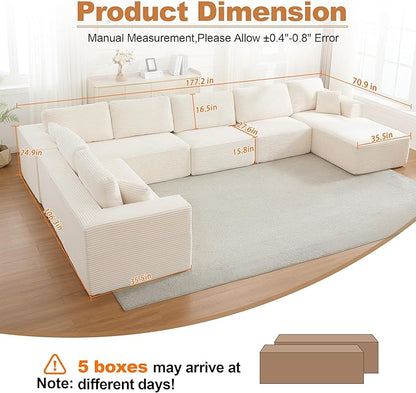 Modular Sectional Cloud Couch for Living Room,Modern Boneless Couche Set with Plush Corduroy,Comfy Floor Sofa with Memory Foam,Stupendous U Shaped Sofa with Chaise,No Assembly Required,Beige