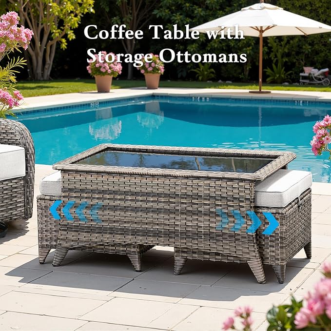 Belord Luxury 6" Thick Cushioned 7 Pieces Patio Furniture Set with Fire Pit Table, Wicker Outdoor Conversation Set with High Back Swivel Rocker Chairs for Deck Porch Yard and Poolside - Grey+Beige