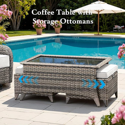Belord Luxury 6" Thick Cushioned 7 Pieces Patio Furniture Set with Fire Pit Table, Wicker Outdoor Conversation Set with High Back Swivel Rocker Chairs for Deck Porch Yard and Poolside - Grey+Beige