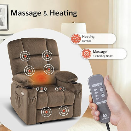 MCombo Large Dual Motor Power Lift Recliner Chair for Elderly, Massage and Heat, Lay Flat, Zero Gravity, Home Button, USB Port, Fabric 7680 (Large, Brown)