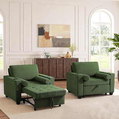 Convertible Sleeper Chair Bed, Comfy Corduroy Single Futon Sofa Chair with Pull Out Bed, 3-Levels Adjustable Backrest Accent Chair with Side Pockets, Cup Holder & USB Ports for Living Room, Bedroom